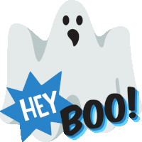 a ghost with a blue star that says hey boo on it