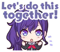 a sticker of a girl with purple hair and blue eyes says let 's do this together .