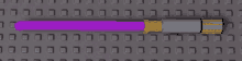 a purple light saber is sitting on top of a gray brick wall .