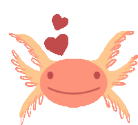 a cartoon drawing of an axolotl with two red hearts above its head