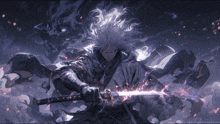 a man with long white hair is holding a sword in a dark room