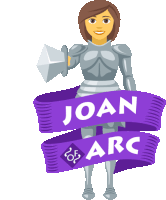 an illustration of joan of arc holding a sword and banner