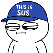 a cartoon character wears a blue hat that says this is sus