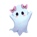 a cartoon ghost with a pink bow on its head .