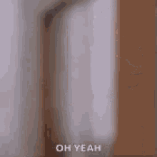 a blurry picture of a man peeking out from behind a door and saying `` oh yeah '' .