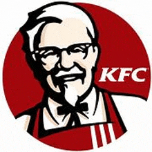 the kfc logo is a cartoon of a man with a mustache and glasses .