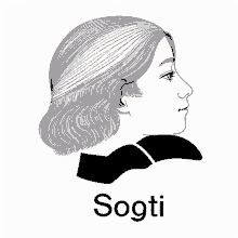 a black and white drawing of a woman 's head with the word sogti written below it