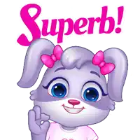 a cartoon bunny with pink bows on her ears and the word superb above her