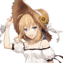 a blonde anime girl wearing a straw hat with a sunflower in it .