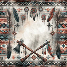 a native american pattern with feathers and a crossed tomahawk