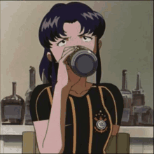 a cartoon girl is drinking from a can while sitting at a table .