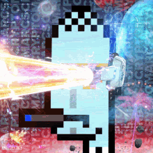 a pixel art of a person holding a gun with a rocket in the background that says ' rocket ' on it