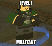 a video game character with a gun and the words level 1 millutant on the bottom