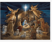 a painting of a nativity scene with a star in the background