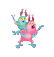 a cartoon drawing of two monsters one pink and one blue