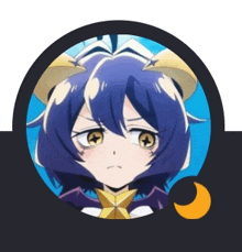 a girl with blue hair and yellow eyes is in a circle with a crescent moon