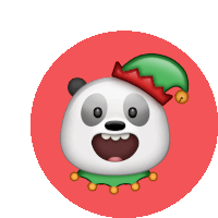 a panda bear wearing a green elf hat with bells