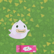 a pink animal crossing card with a white ghost on top