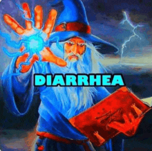 a wizard is holding a book with the words diarrhea written on it