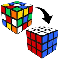 a colorful rubik 's cube with a black arrow pointing to the right