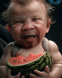 a baby is holding a slice of watermelon and making a face .