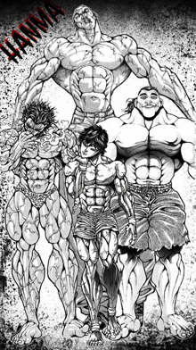 a black and white drawing of a group of muscular men with the word hanna on the bottom right