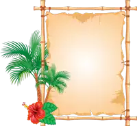 a bamboo frame with a palm tree and a hibiscus