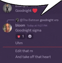 a purple screen with a speech bubble that says " goodnight "