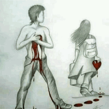 a drawing of a man with a broken heart standing next to a woman holding a broken heart .