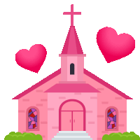 a pink church with two pink hearts on top