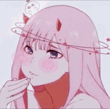 zero two from darling in the franxx is a pink haired anime girl with a crown on her head .