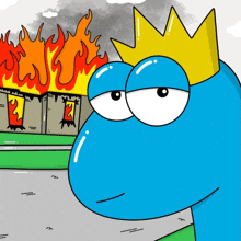 a blue cartoon character with a yellow crown on his head looks at a burning building