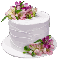 a white cake with pink and purple flowers on top of it