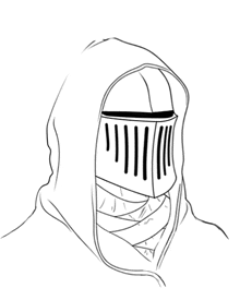 a black and white drawing of a person wearing a hooded helmet