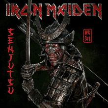 a poster for iron maiden shows a samurai with a bloody face holding a sword