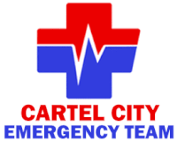 cartel city emergency team logo with a red and blue cross and a heartbeat