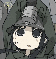 a drawing of a girl wearing a helmet with a canister on top of her head .