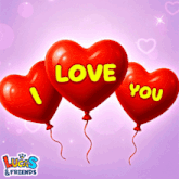 three red heart shaped balloons that say love you on a purple background