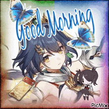 a picture of a girl with a sword and butterflies that says good morning