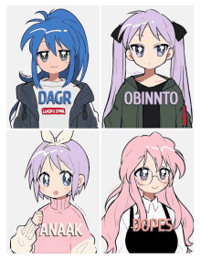 four drawings of a girl with dagr lucky star obinnto anak and dopes