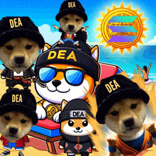 a group of cartoon dogs wearing dea hats on a beach