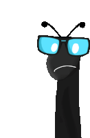 a black cartoon character wearing blue glasses has a sad face