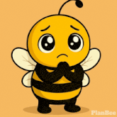 a cartoon bee with a sad look on its face and the words planbee below it