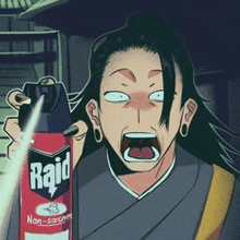 a cartoon character is holding a can of raid insecticide in his hand .