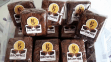 a bunch of brownies with labels that say brownie on them