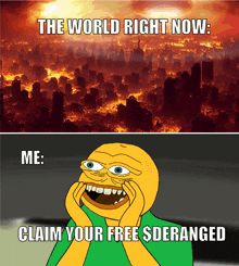 a picture of a burning city next to a picture of a cartoon character that says " the world right now "