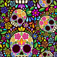 a day of the dead pattern with sugar skulls and colorful flowers