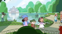 a cartoon of people walking around a park with a lake in the background