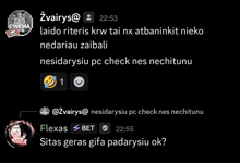 a screenshot of a conversation between dvairys @ and flexas @