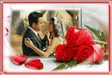 a picture of a bride and groom with red roses and hearts